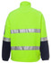 A high-visibility polar fleece in bright green with reflective stripes and navy blue sleeves. It features a collar and has a logo.