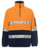 An orange and navy polar fleece pullover with reflective stripes and a zip neck, featuring a side pocket and a logo.