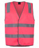 A fluorescent pink safety vest with reflective grey stripes and a front opening. Features a logo.