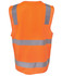 An orange safety vest featuring reflective grey stripes and a logo on the back.