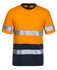 An orange and navy work T-shirt with reflective stripes and a chest pocket. It has a logo on the label.