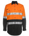 An orange and black long-sleeve work shirt with reflective strips and a logo. Features two chest pockets and buttons.