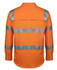 An orange long-sleeve work shirt featuring reflective silver stripes and a back yoke design. The shirt has a logo.