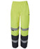 High-visibility rain pants in bright yellow with black lower sections and reflective grey stripes, featuring a logo.