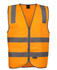 An orange safety vest featuring grey reflective stripes and a zip closure, with a front pocket and branding.