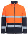 A three-layer softshell jacket in high-visibility orange and navy, featuring reflective stripes and a zip front.
