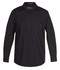 A black button-up shirt with a collar, long sleeves, and two chest pockets. It features a logo on the label.