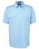 A short-sleeved button-up shirt in light blue with two chest pockets and a logo on the collar.
