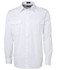 A white button-up shirt with two chest pockets and a collar. The shirt features a logo on the label.