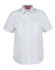A white button-up shirt featuring short sleeves and epaulette details, with two chest pockets and a logo.