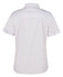 A white short-sleeved button-up shirt with an epaulette design and a rear yoke. Features a logo.