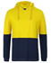 A yellow and navy blue long-sleeved cotton tee with a hood and a front pocket, featuring a logo.