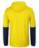 A bright yellow long-sleeve cotton tee with a navy blue hood and sleeves, featuring a logo.