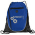 A blue and black drawstring backpack featuring a zippered pocket and a logo with gears.
