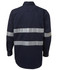 A navy work shirt with silver reflective stripes, featuring long sleeves and a back view. It includes a branding logo.