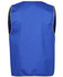 A blue vest with a grey trim and a logo, designed for workwear applications.