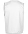 A plain white work vest with grey trim and a logo. The back view shows a simple, sleeveless design.