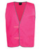 A pink tricot vest with grey trim, featuring pockets and a logo. Suitable for workwear use.