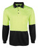 A long-sleeved polo shirt in high visibility lime green and black, featuring a pocket and a logo.