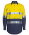 A long-sleeved work shirt in yellow and navy, featuring reflective stripes and a logo on the upper left.