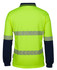 A long-sleeved polo shirt in high visibility yellow with navy blue sleeves and reflective stripes. It has a logo on it.