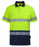 A lime green and navy segmented tape polo shirt with reflective stripes and a chest pocket. It features a collar and buttons.