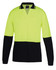 A long-sleeve polo shirt in lime and navy with a collar and a logo. Ideal for workwear.