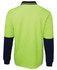 A long-sleeved polo shirt in bright yellow-green with navy blue sleeves and a logo on the chest.