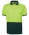 A high-visibility polo shirt featuring a bright yellow-green upper half and a dark green lower half, with a logo.