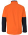 An orange and navy three-layer softshell jacket featuring a collar and long sleeves, with a logo on the back.
