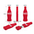 A red USB flash drive shaped like a classic Coke bottle, featuring a logo and multiple views showing its dimensions.