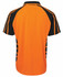 An orange and black polo shirt with a logo, featuring a sporty design and mesh details.