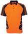An orange and navy blue short-sleeve polo shirt featuring a chest pocket and a logo.