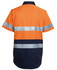 An orange and navy work shirt featuring silver reflective stripes, designed for safety in work environments.