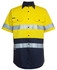 A short-sleeved work shirt in bright yellow and navy, featuring reflective strips and a logo.