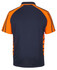 A polo shirt featuring a navy blue base with bright orange accents and a logo on the back.