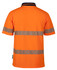 An orange polo shirt with reflective segmented stripes and a collar, featuring a logo on the side.