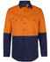 A long-sleeved work shirt in orange and navy, featuring two chest pockets and a logo on the upper left side.