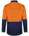 A long-sleeve work shirt in orange and navy blue, featuring a two-tone design and a logo.