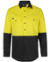 A long-sleeve work shirt in bright yellow and black with two chest pockets and a logo on the front.