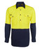A long-sleeved work shirt featuring a high-visibility yellow upper and navy blue lower, with two front pockets and a logo.