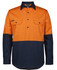 An orange and navy long-sleeve work shirt featuring two chest pockets and a logo.