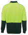 A high-visibility fleece garment in bright yellow and dark green, featuring a collar and long sleeves with a logo.