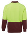 A fleece pullover featuring a bright yellow-green upper section and a brown lower section, with a logo on the arm.