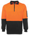 A half-zip polar fleece in orange and black with a pocket and a logo on the sleeve.