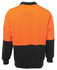 A fleece work jumper in orange and black with a logo, featuring a half-zip collar and long sleeves.