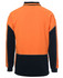 An orange and navy long-sleeve polo shirt with a branding logo on the back. Suitable for workwear.