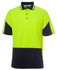 A bright high-visibility yellow and navy polo shirt, featuring a pocket and branding. Suitable for workwear.