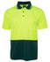 A work polo shirt in high visibility yellow and dark green, featuring a collar and a chest pocket.
