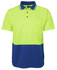 A work polo shirt in bright yellow and navy blue, featuring a pocket and logo.